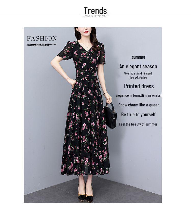 Elegant Summer Floral Print Dress: Knee-Length, Loose Fit, Slimming Waist, Short-Sleeved, Large Hem.