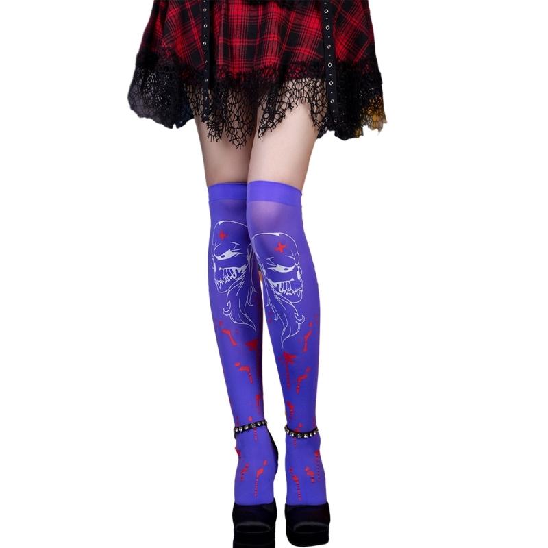Women Thigh High Socks Over the Knee High Stockings Japanese Skeleton Skull Print Long Socks Thin Halloween Stockings