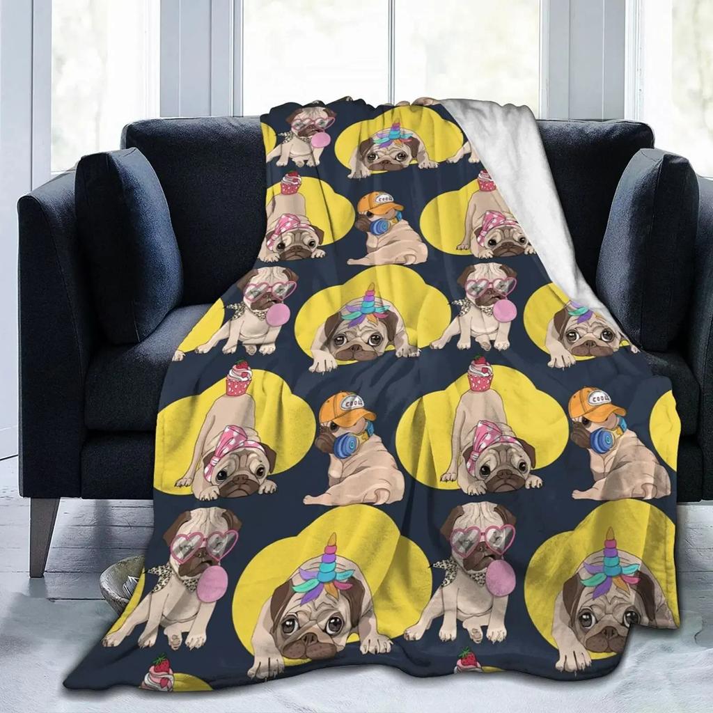 Colorful Pug Dogs Funny Puppy Fuzzy Flannel Blanket Throw, Super Soft Lightweight Blanket Throw for Couch Chair Sofa,Bed Blanket