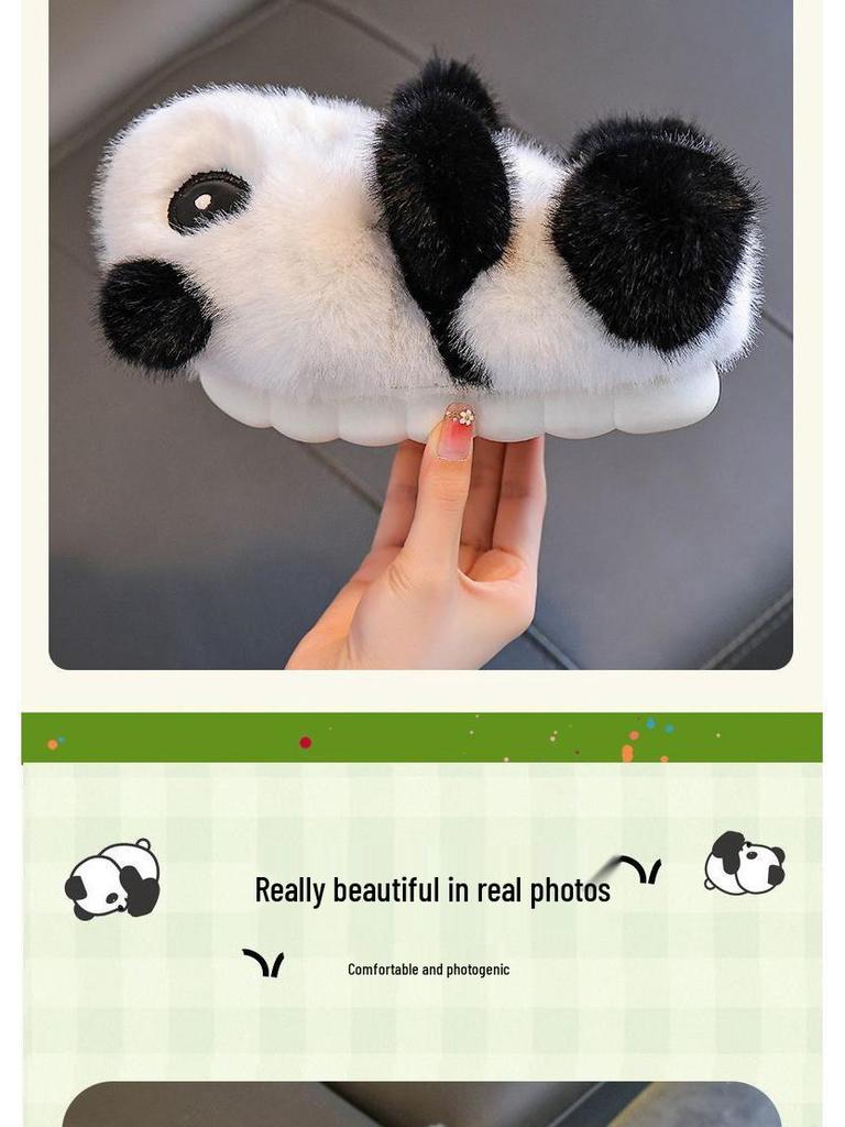 Children's Cartoon Panda Fluffy Slippers for Boys & Girls - Warm Cotton Home Shoes