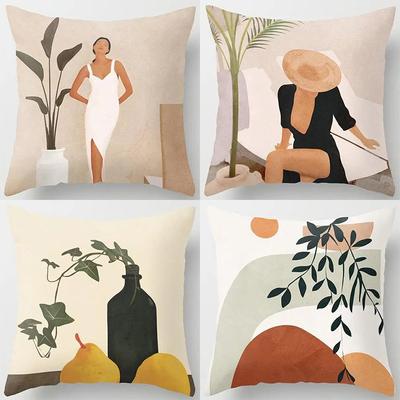 Home Decor Women & Plants Geometric Digital Print Pillowcases Pattern Cushion Cover Suitable For Sofa Bedroom Car Pillow Cover
