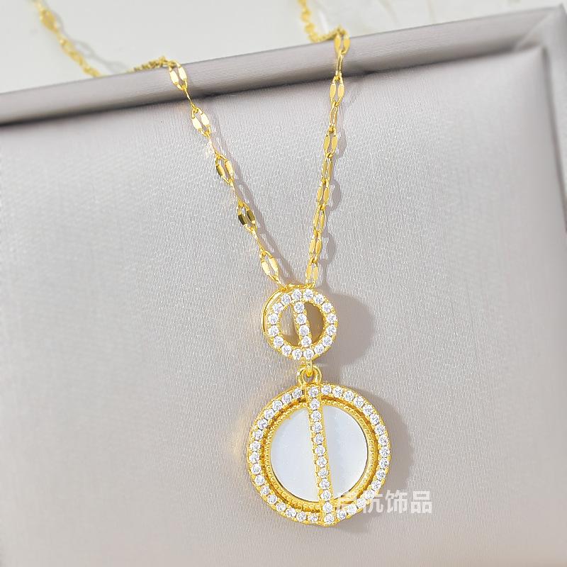 Xiulu Double Ring Necklace Women'S High Sense Versatile Personality Round Micro-Inlaid Pendant Collarbone Chain