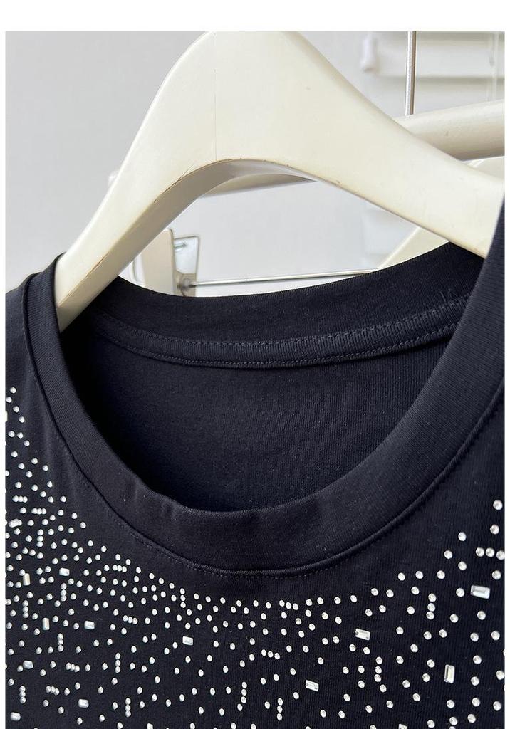 Summer 2026 Plus Size Women's Chic Rhinestone Round Neck Short Sleeve T-shirt