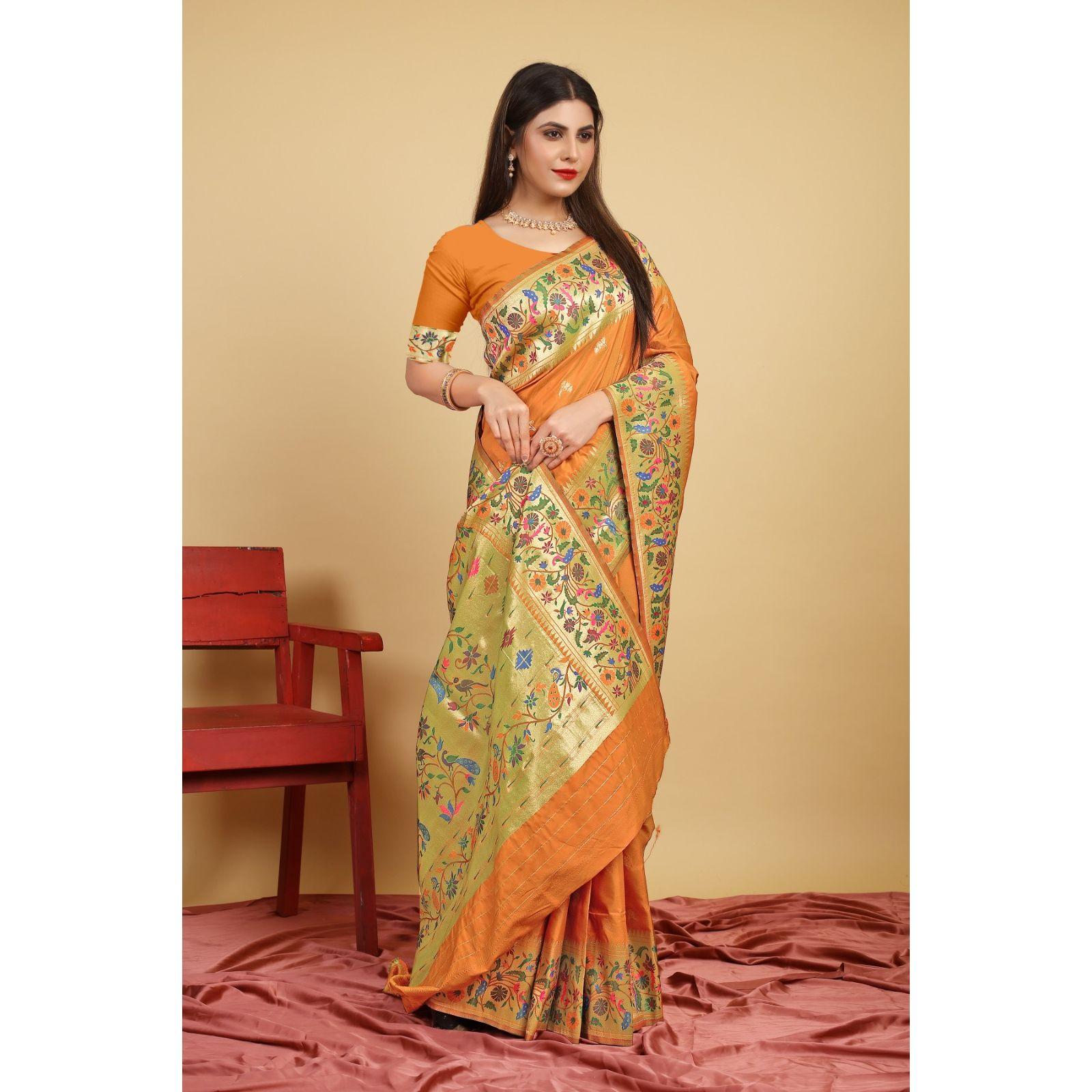 

Индийское традиционное мягкое сари ручной работы из чистого шелка Paithani с Pure Jari