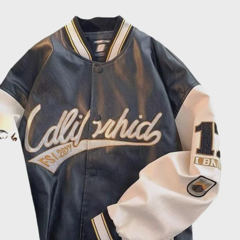 Men's Hip-Hop Retro Embroidered PU Leather Jacket - Color Block Baseball Style