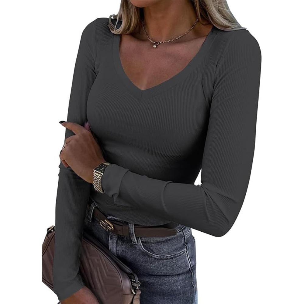 Women Ribbed Slim Long Sleeve Top, Sexy V Neck Long Length Casual T-shirt