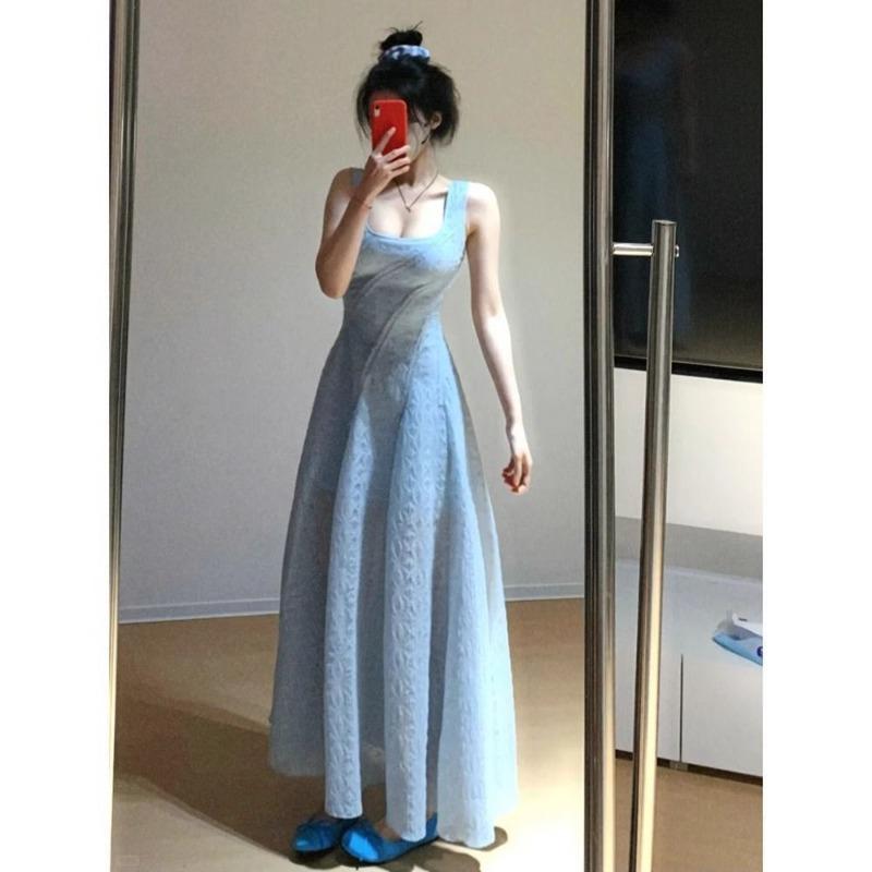 Women's Elegant Light Blue Maxi Spaghetti Strap A-Line Evening Party Dress