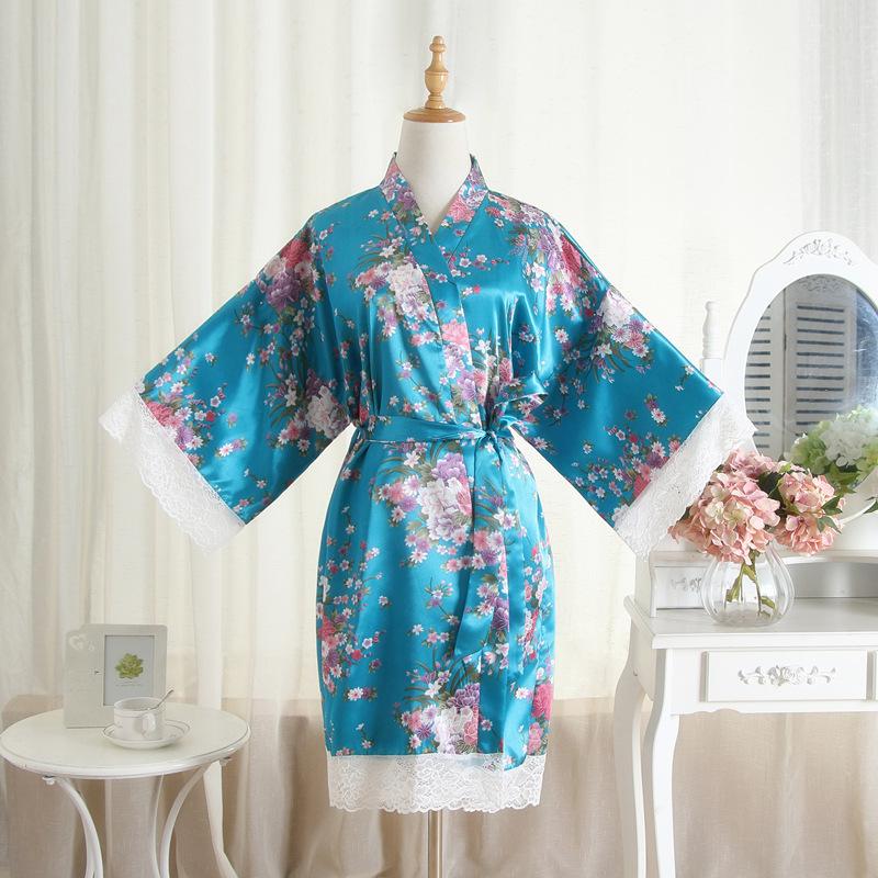 Comfortable Homewear Summer Imitation Silk Lace Floral Floral Robe Short Kimono Bathrobe Cardigan Robe Fashion Temperament Elegant