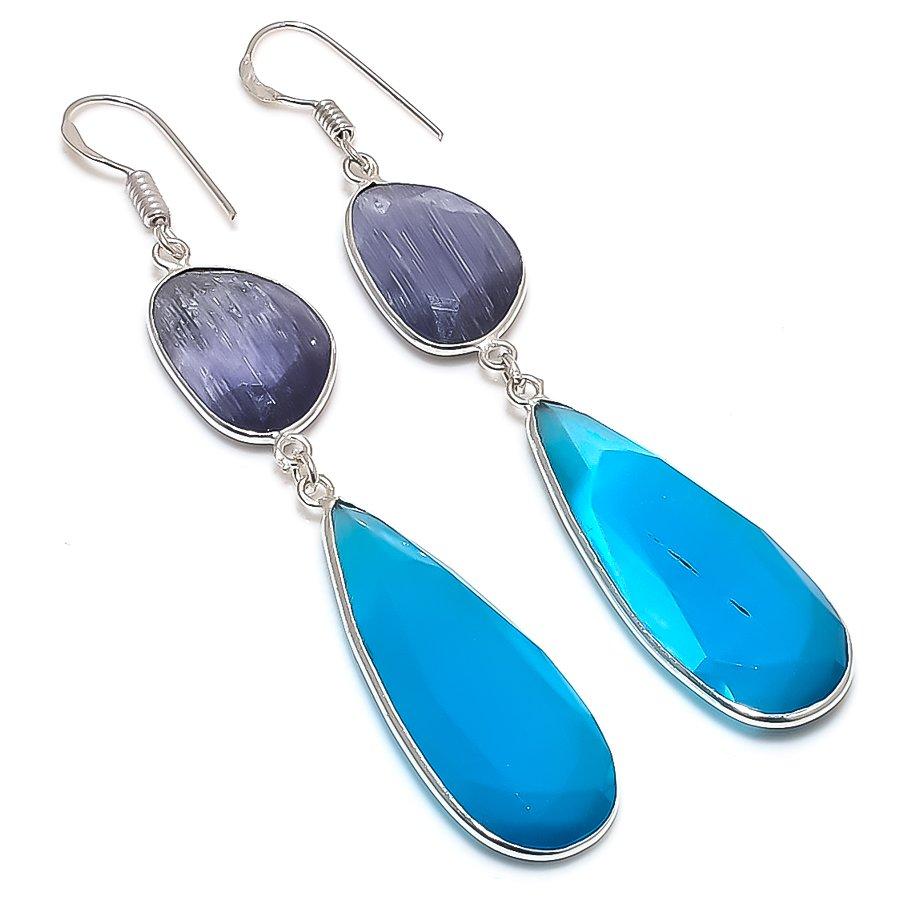 Blue Chalcedony Gemstone Handmade 925 Sterling Silver Jewelry Earring 3.07" GK-6426