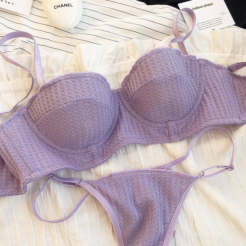New 6 Color Women Cotton Underwear French Sexy 1/2 Cup Push Up Bra Set Fashion Fluorescent Summer Lace Bra and Thongs Lingerie