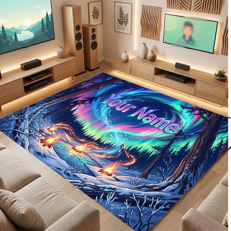 Christmas Winter Theme Crystal Velvet Floor Rug Personalized Custom Name Text Warm Carpet Home Decoration