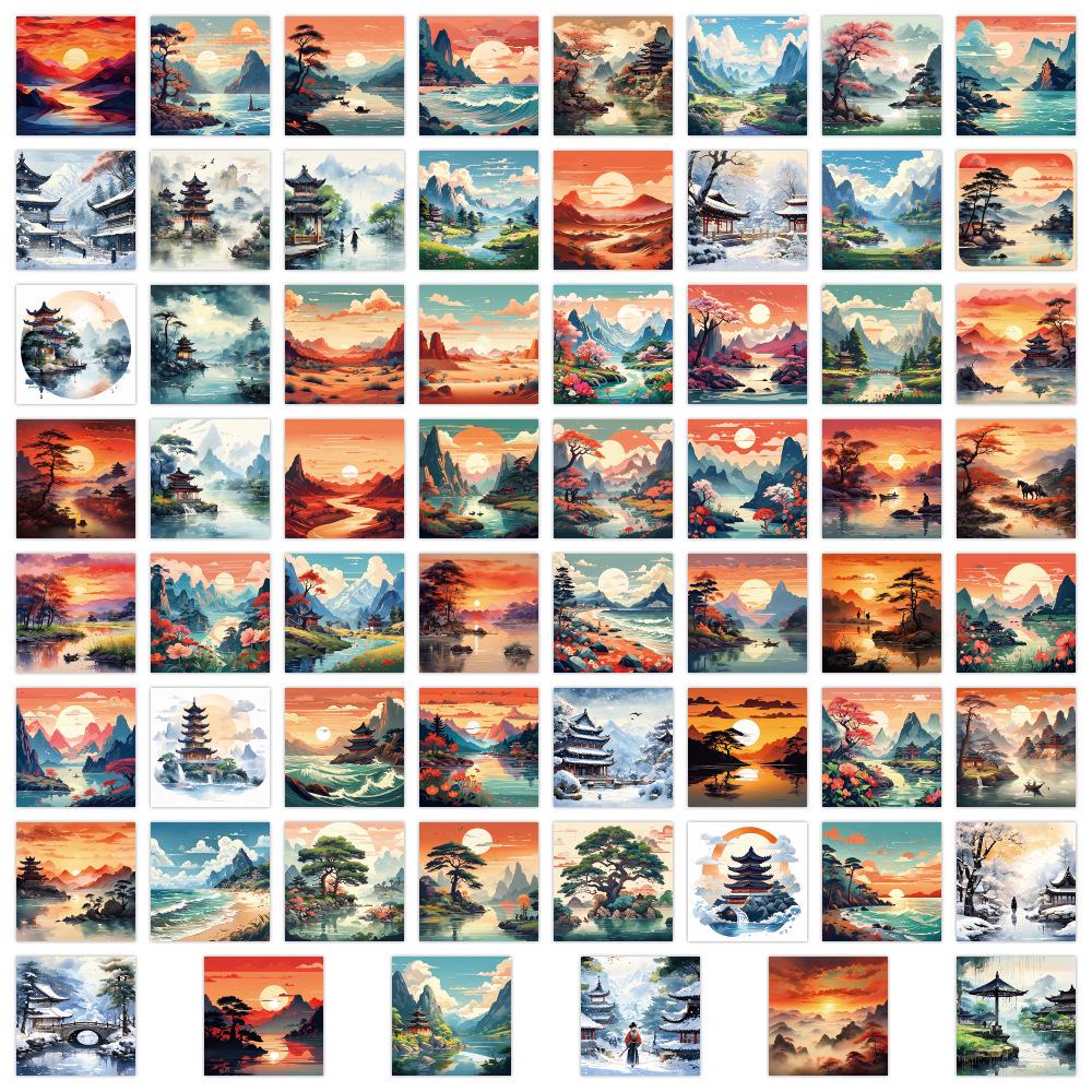 60-Piece Elegant Scenery Waterproof Stickers for Skateboards and Water Bottles