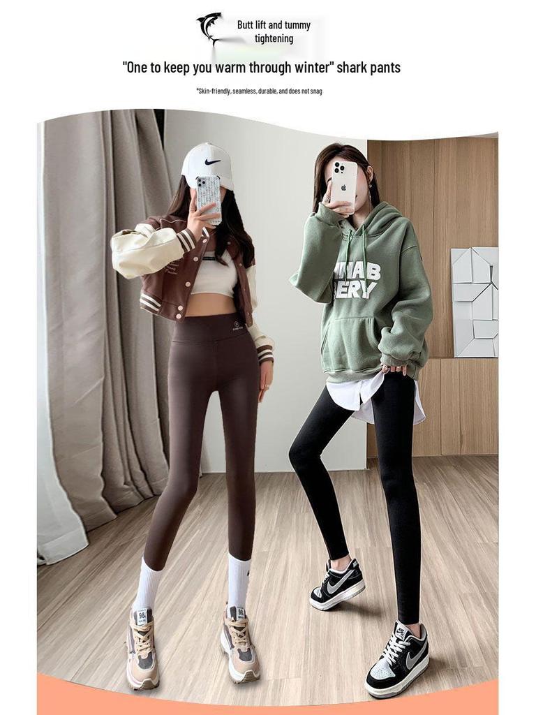 Women's High-Waisted Fleece-Lined Shark Leggings: Winter Warm Slimming Yoga Pants