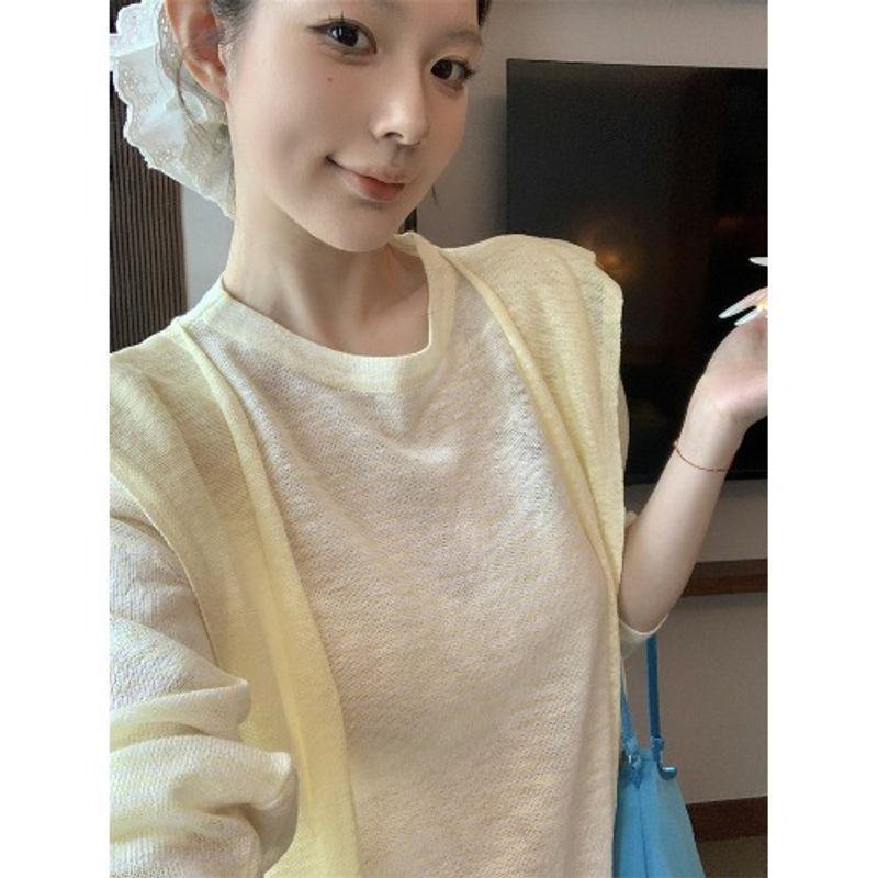 Kumikumi Idle Style Stripes Shawl Thin Long Sleeves T-shirt Female Autumn New All-Matching Slimming Sun Protection Top