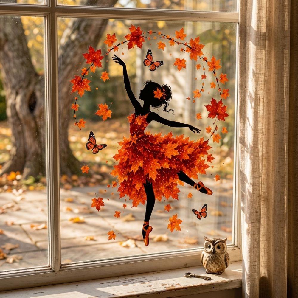 PVC Static Autumn Ballerina Window Cling Aesthetic Maple Leaf Butterfly Glass Decal Home Decor