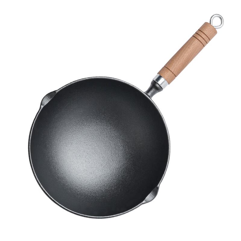 ZISIZ Cast Iron Wok with Wooden Handle
