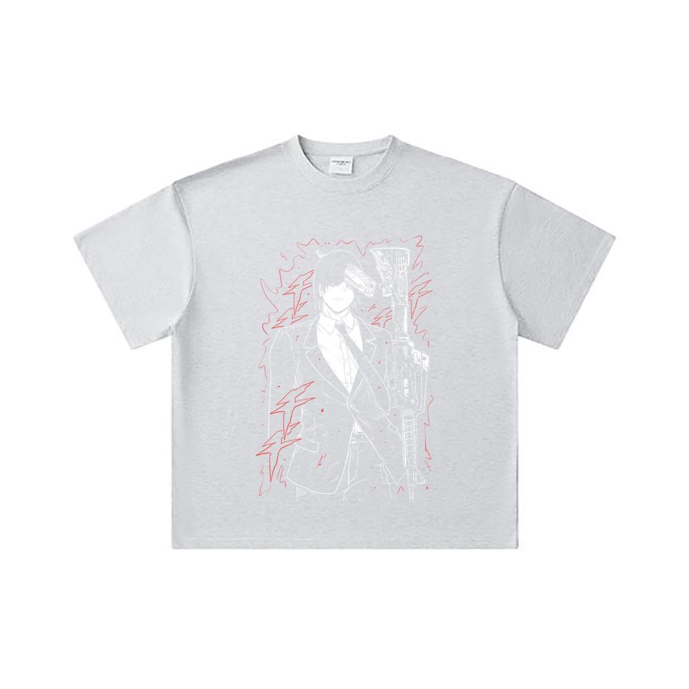 260 GSM Double Yarn 32 Count 100% Cotton Chainsaw Man V30 Gun Devil Print Unisex Heavy Cotton T Shirt