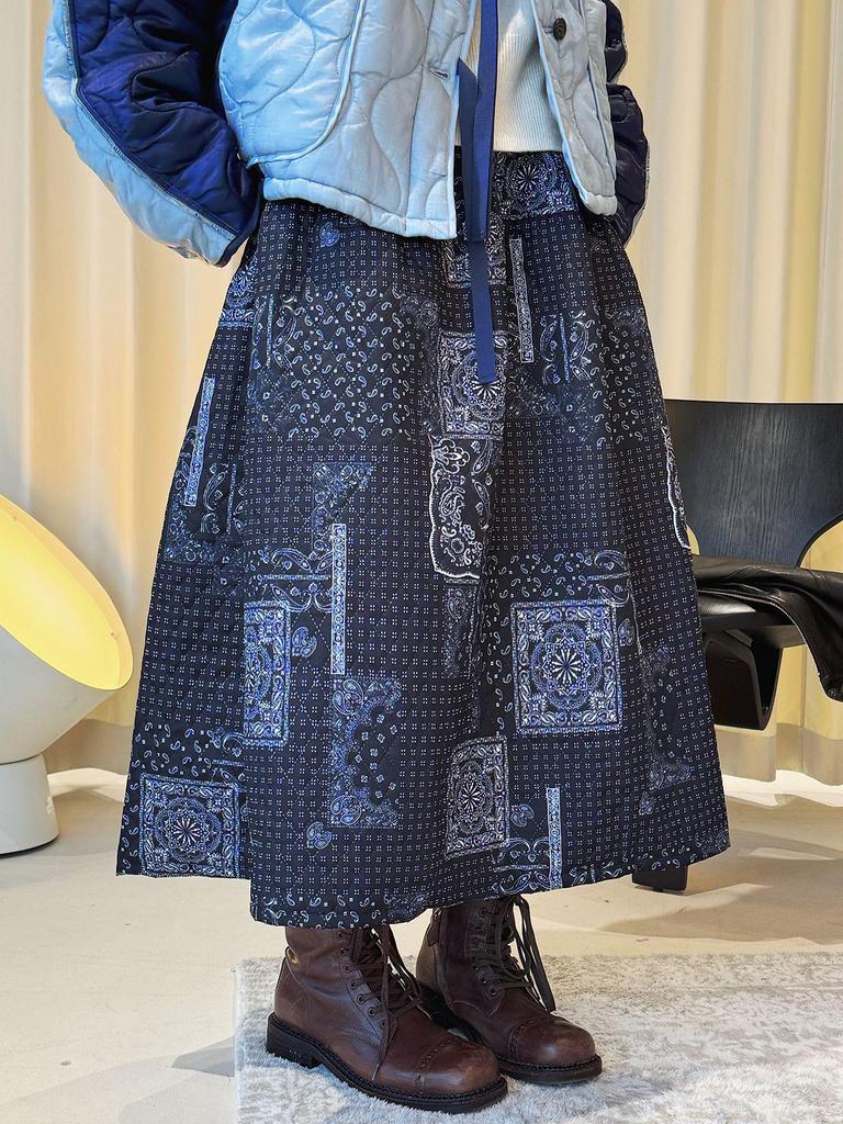 Louvre Winter Japanese Retro Paisley Patchwork Elastic Waist Long Skirt for Women