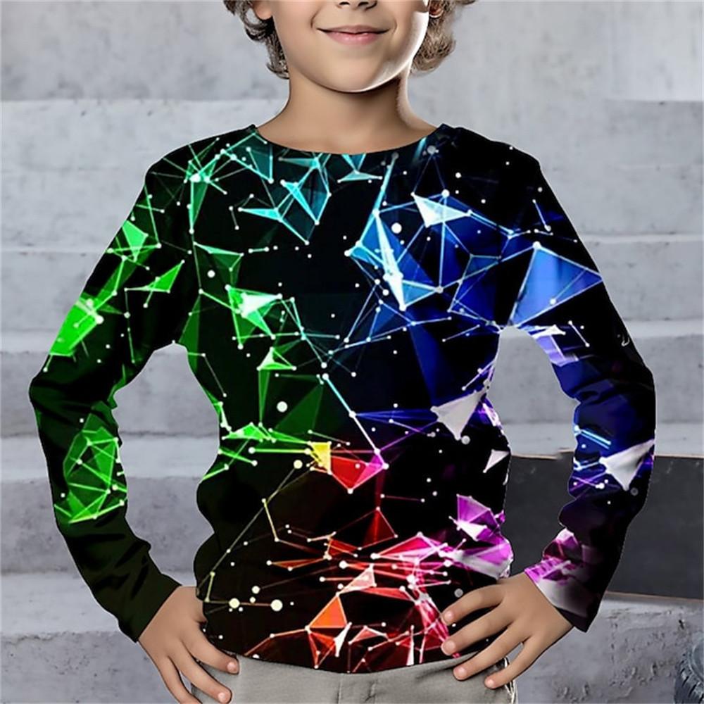 Frühlings- und Herbst-Rundhals-Oberteil mit 3D-Geometrie-Musterdruck, modisch, lässig, langärmelig, Kinder-Jungen-T-Shirts
