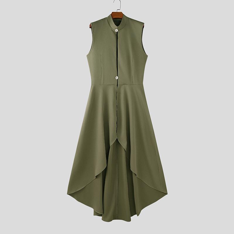 INCERUN Men Sleeveless Button Cutout Irregular Ruffled Long Vest Cardigan Waistcoats