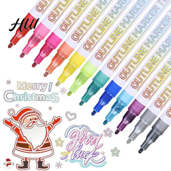 Radiating Lines Markers Dual-Tip Metallic Outline Pens Fluorescent Marker with Colorful Borders Paint Smooth Tip Highlighters for Cards Crafts & Notes