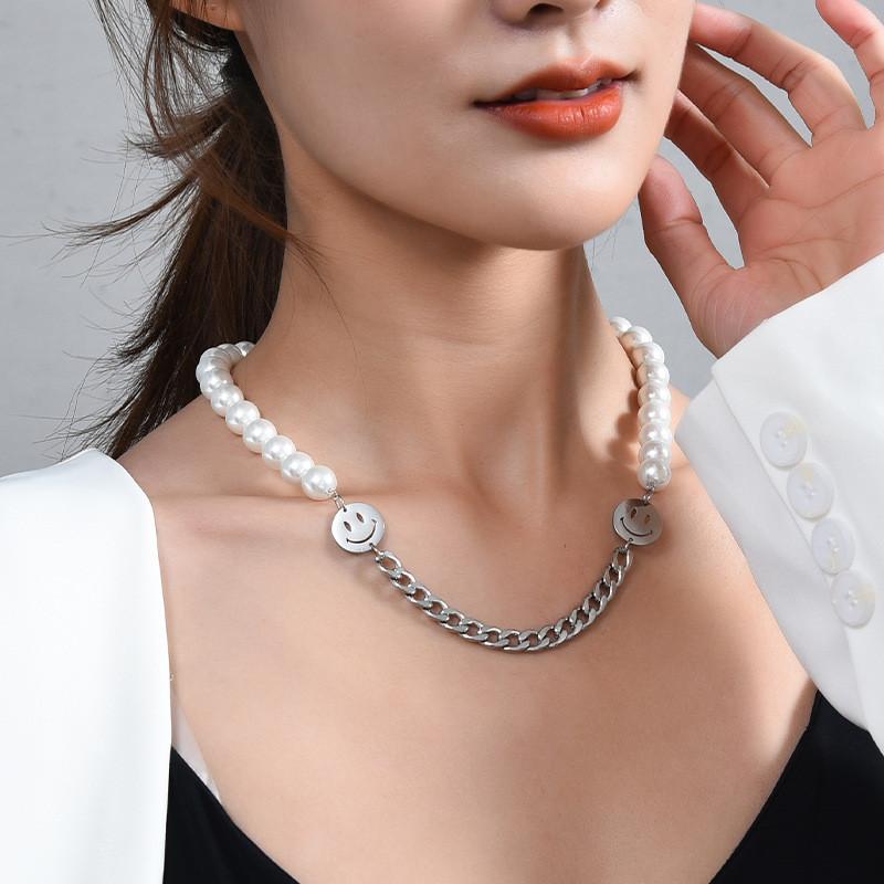 Stylish Titanium Steel Pearl Necklace With Double Smiley Face Design For Men And Women