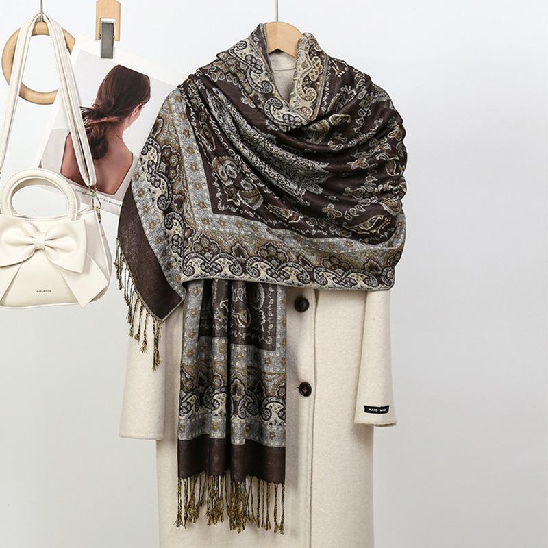 Spring And Autumn Plant Flower Scarf Versatile Jacquard Imitation Cashmere Feel Scarf Elegant Sunscreen Shawl Women