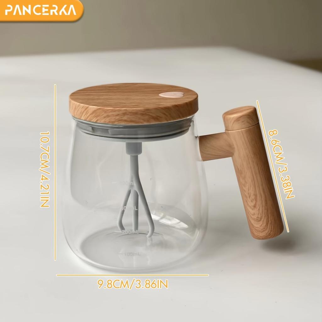 400ml Electric Self-Stirring Mug - High Borosilicate Glass Mixing Cup with Wooden Handle for Coffee, Milk, Protein Powder - Ideal for Home, Office