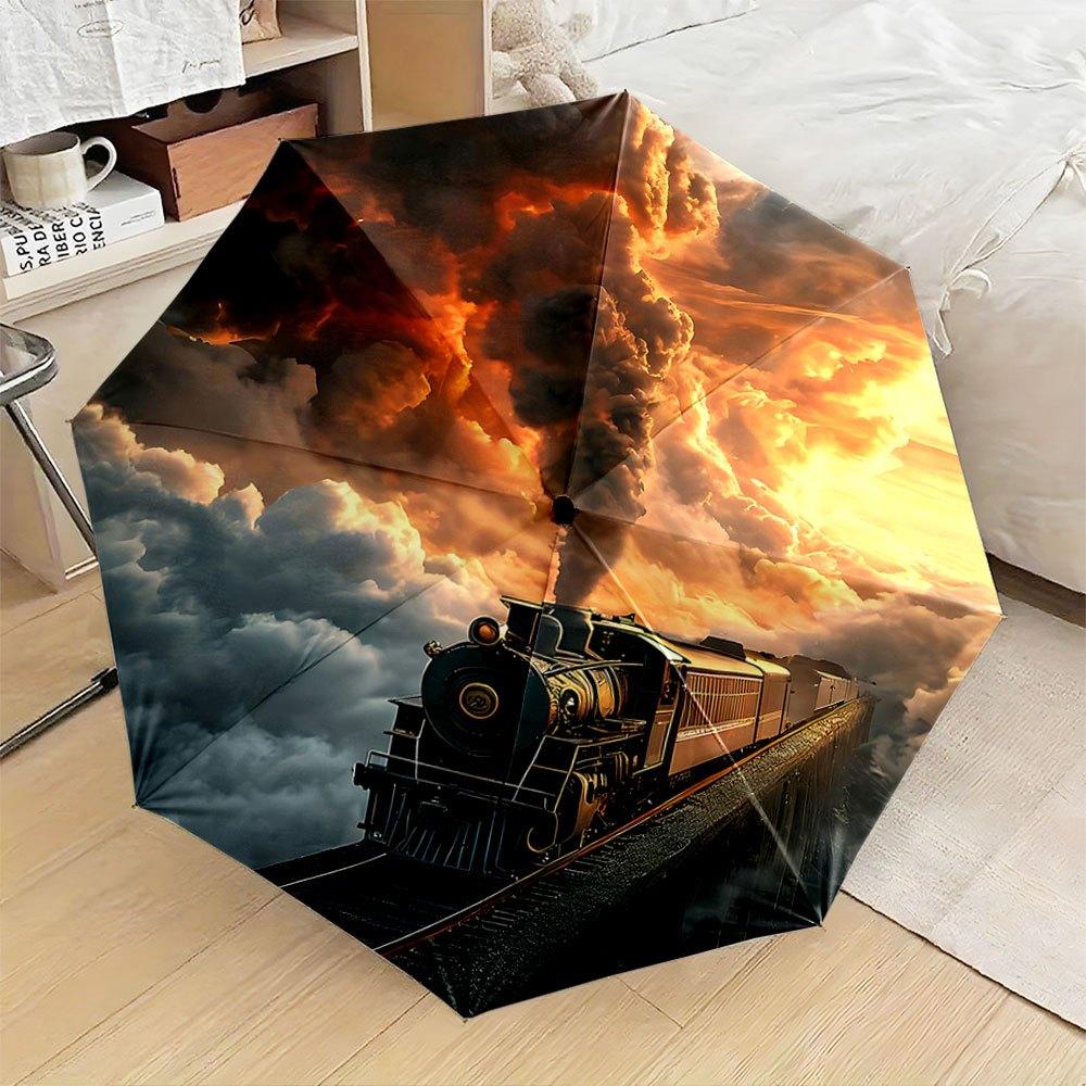 

Vintage Steam Train & Sunset Folding Umbrella - Automatic Open/Close, 8-Rib Durable Design, Compact Travel Umbrella for Backpa Iron&8K