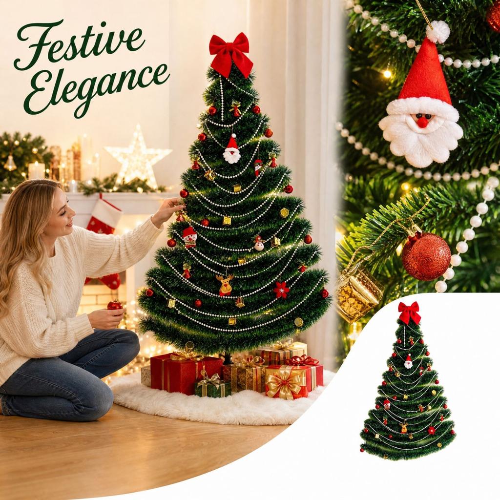Christmas Tree Decoration Set with Dark Green Strips, Colorful Garlands and Ribbons for Holiday Display