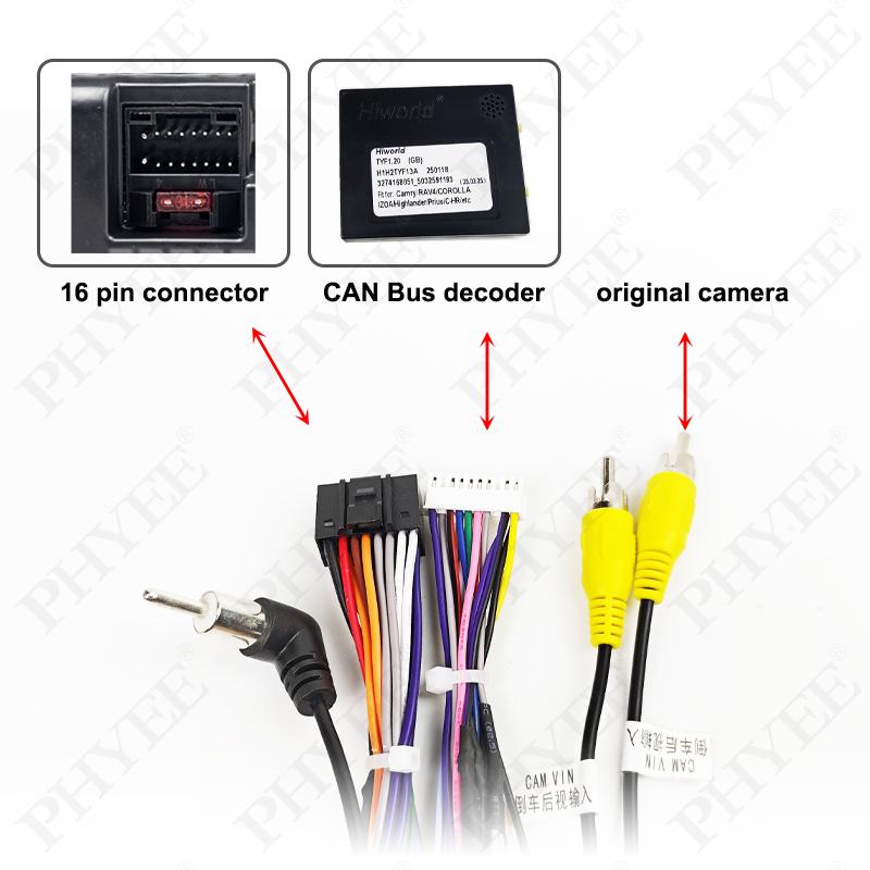 CAN Bus Wiring Harness 28/24/16 Pin, SWC & Reverse Camera Retention, 16Pin Android, for Toyota Corolla, Camry, RAV4, Yaris, CHR