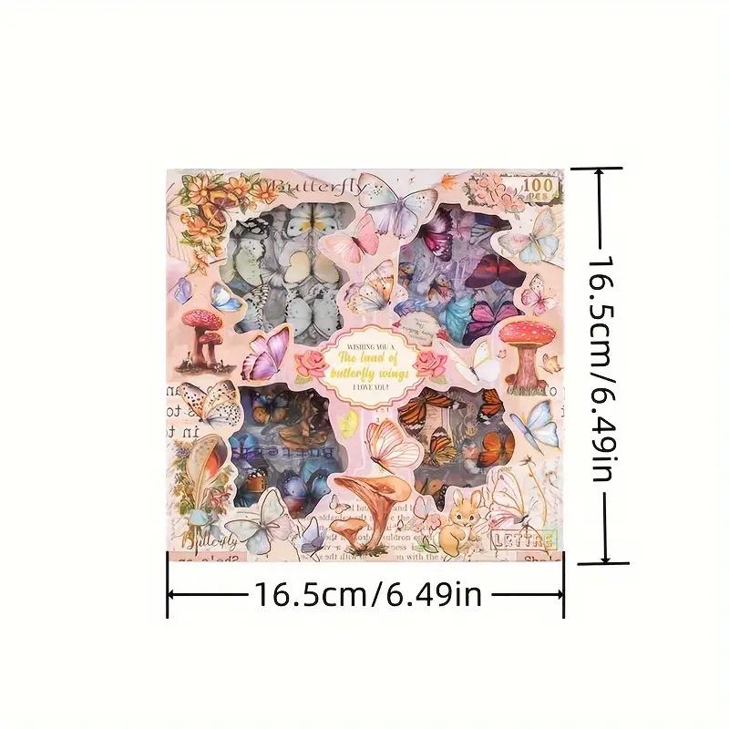 100 Sheets Vintage Butterfly Waterproof PET Journal Stickers, Self-Adhesive Reusable Shimmery Irregular Shaped Decals Stationery