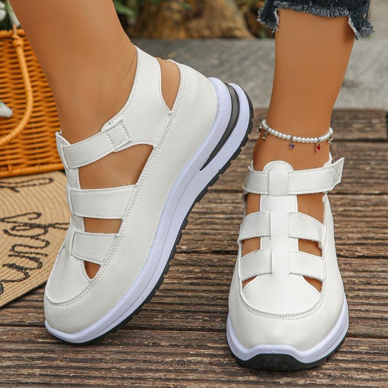 Plus‑Size Closed‑Toe Hollow‑Out Hook‑and‑Loop Thick Wedge Women Sandals