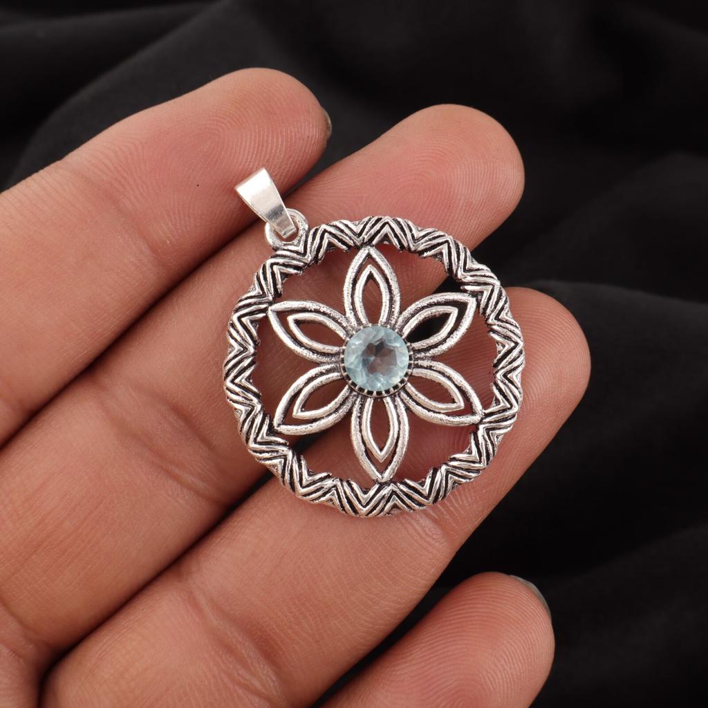 Natural Sky Blue Topaz Gemstone 925 Sterling Silver Jewelry Boho Pendant 1.48" CP-29-13