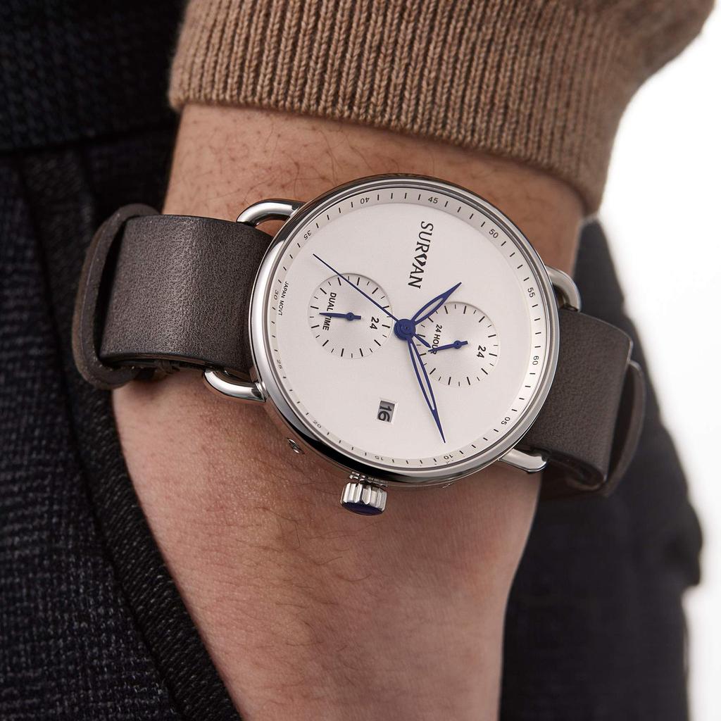 SURVAN Watch Designer Men's Watch Quartz Watch Waterproof Wristwatch Easy-to-Read Analog Watch for Men White Dial Gray Strap