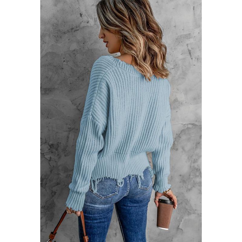 Autumn and Winter Fashion New Style Gray Cotton V-neck Long-sleeved Tassel Ripped Sweater, Casual Loose Blue Ladies Pullover Sweater  Top AL6101