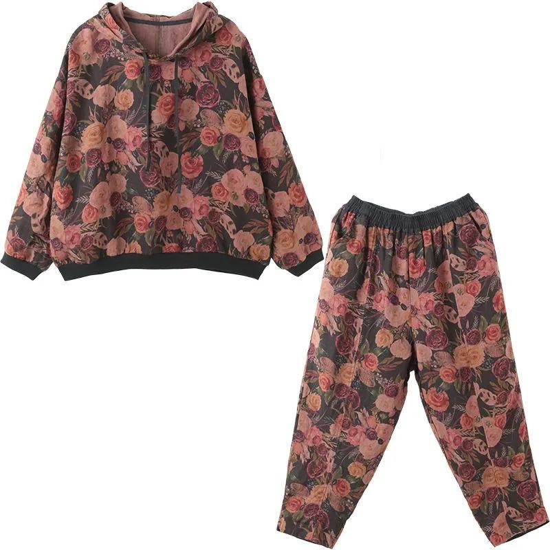 Suit Women Large Size Cotton Hooded T-shirt Pants Two-piece Comfortable Short-sleeved Top and Longs Pants 2PC Suit
