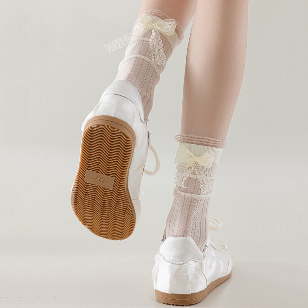 3Pairs Ballet Style Mesh Bowknot Socks Breathable Sweet Socks Women Mid Tube Socks  Streetwear