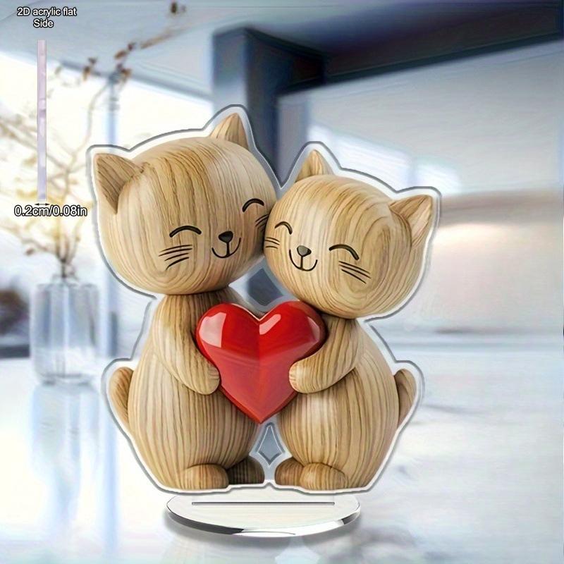 Wooden Kitten Couple Sculpture Light Dark Wood Grain Charming 2D Flat Cat for Wedding Anniversary Gift Desk Decoration, Acrylic Desktop Ornament