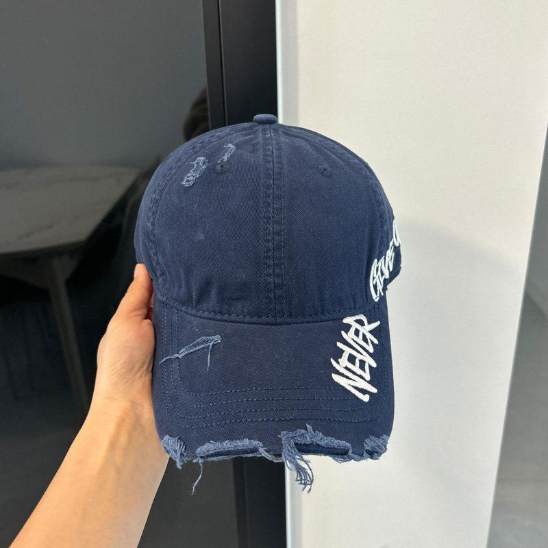 Letter embroidery washed denim baseball cap women's American retro ripped old cap soft top big head circumference hat