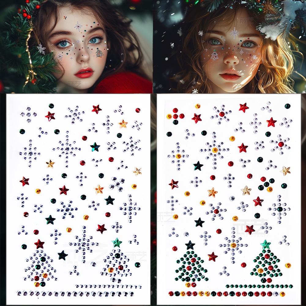 Adesivi per Occhi Festivi con Strass Fiocco di Neve e Albero di Natale