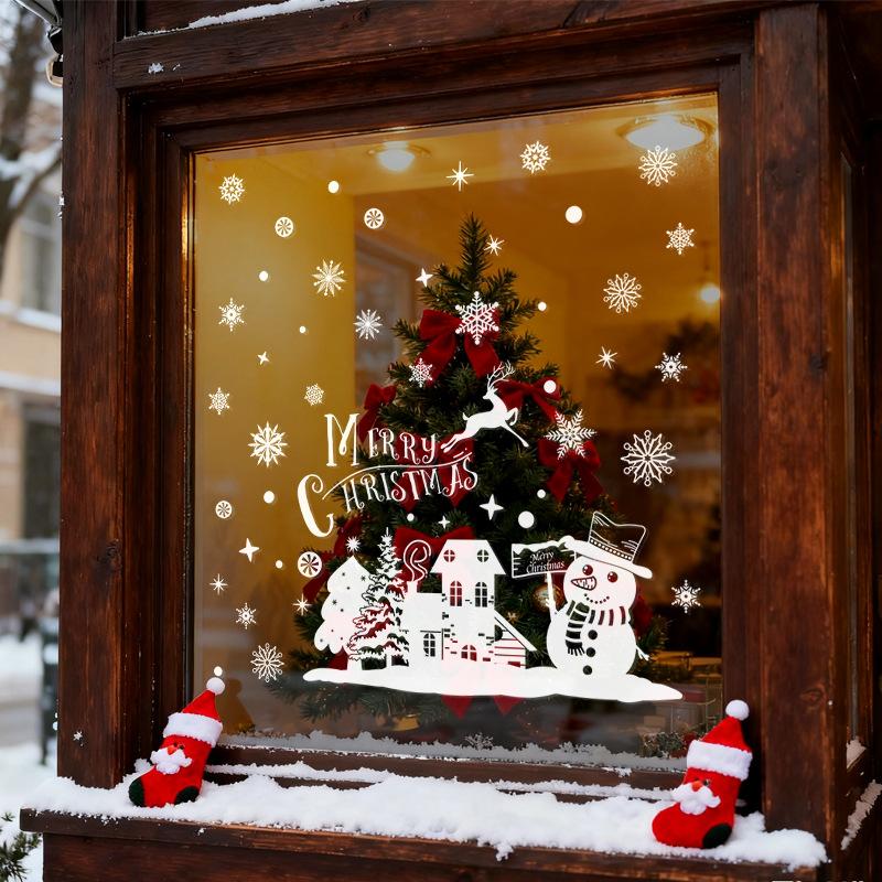 White Christmas Snowman Tree Electrostatic Stickers, Shop Window Decorations, Shopping Mall Atmosphere, Glass Door Stickers