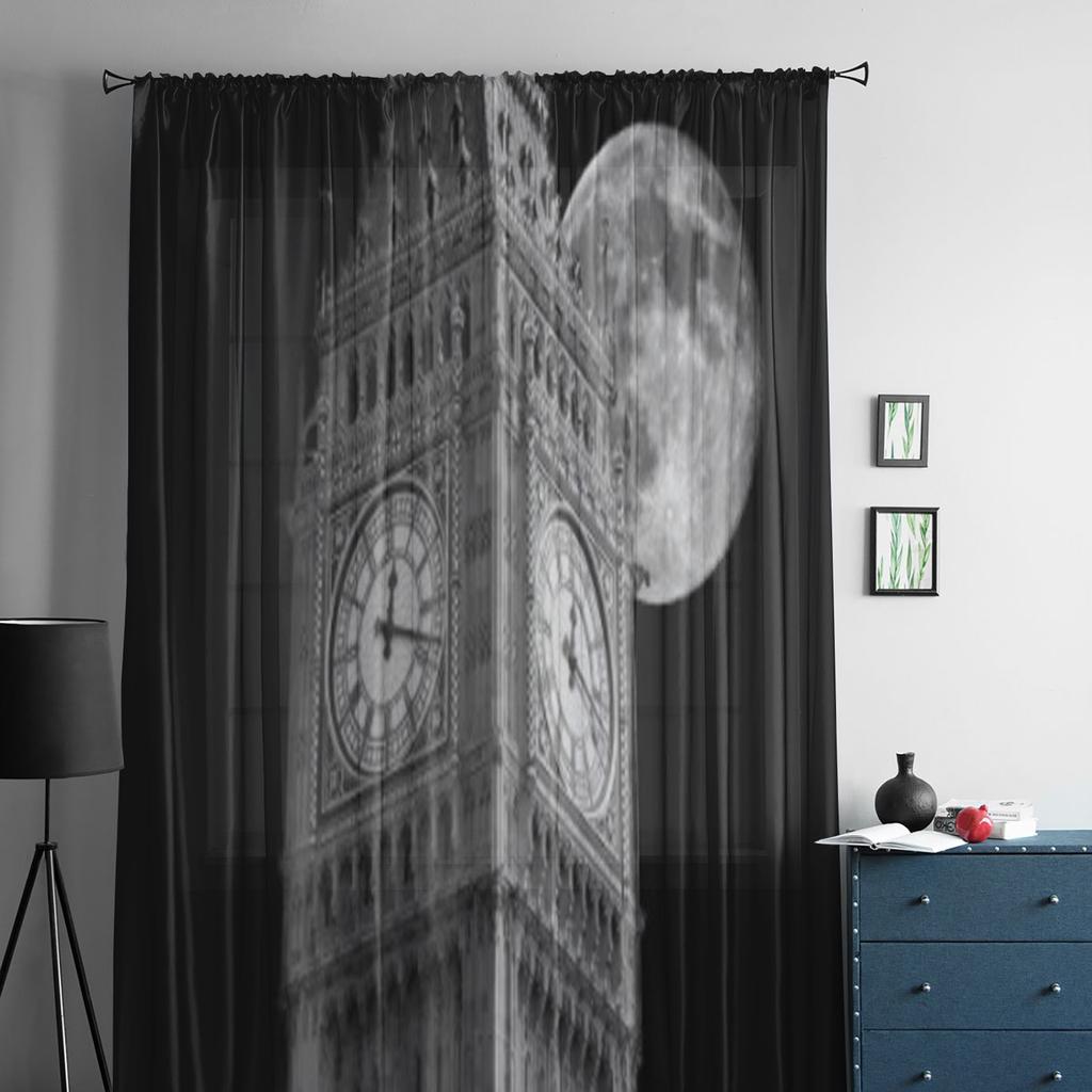 ביג בן על רקע ירח גדול וילונות טול שקופים שחור-לבן לקישוט הסלון והמטבח וילונות ווילון אורגנזה