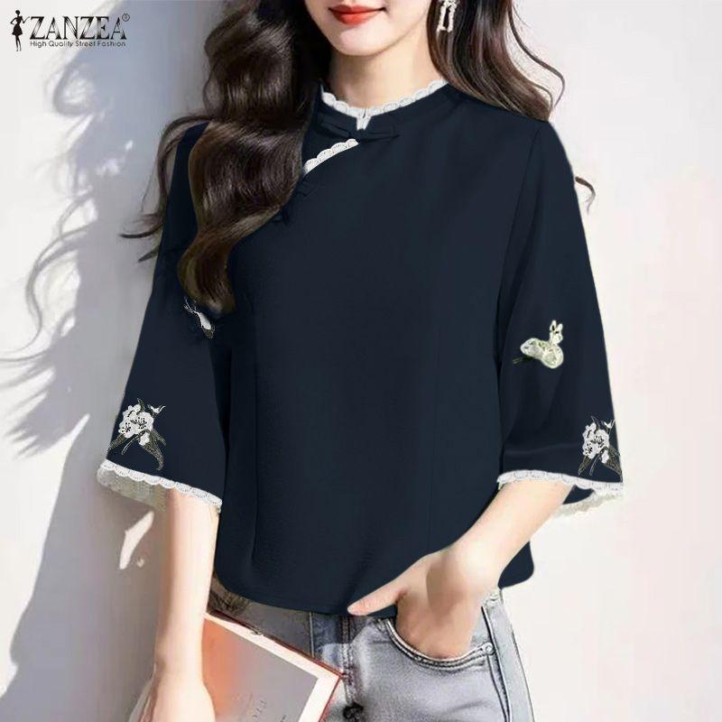 ZANZEA Women Casual Stand Collar Loose 3/4 Sleeve Blouse