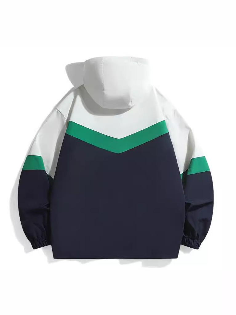 Unisex Korean-Style Color Block Baseball Jacket: Casual, Sporty, Hooded, Thin Windbreaker for Spring & Autumn with Long Sleeves.