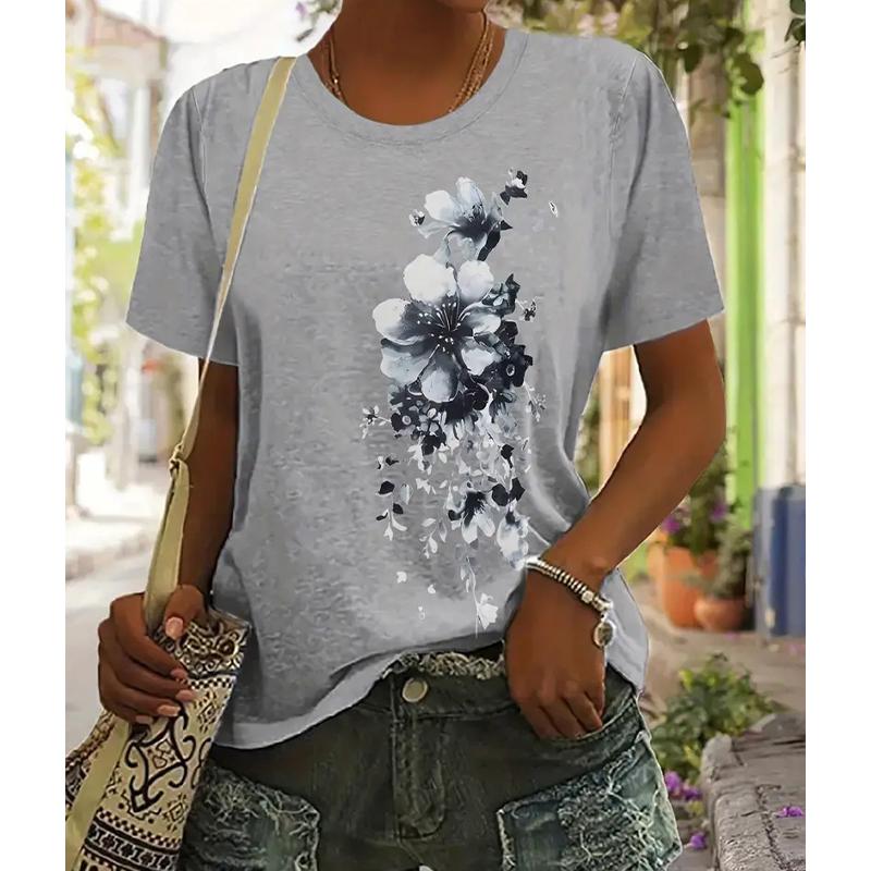 

Женская летняя футболка Ретро мода Футболки с коротким рукавом Повседневные топы с цветочным принтом 8XL серый