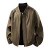 Mens Casual Cotton Blend Faux Leather Bomber Jacket Loose Fit Stand Collar Outerwear