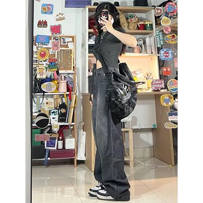 Vintage Siyah Kot Kadın Baggy Y2K Yüksek Belli Kot Geniş Bacak denim pantolon Kore Streetweet Retro Artı Boyutu