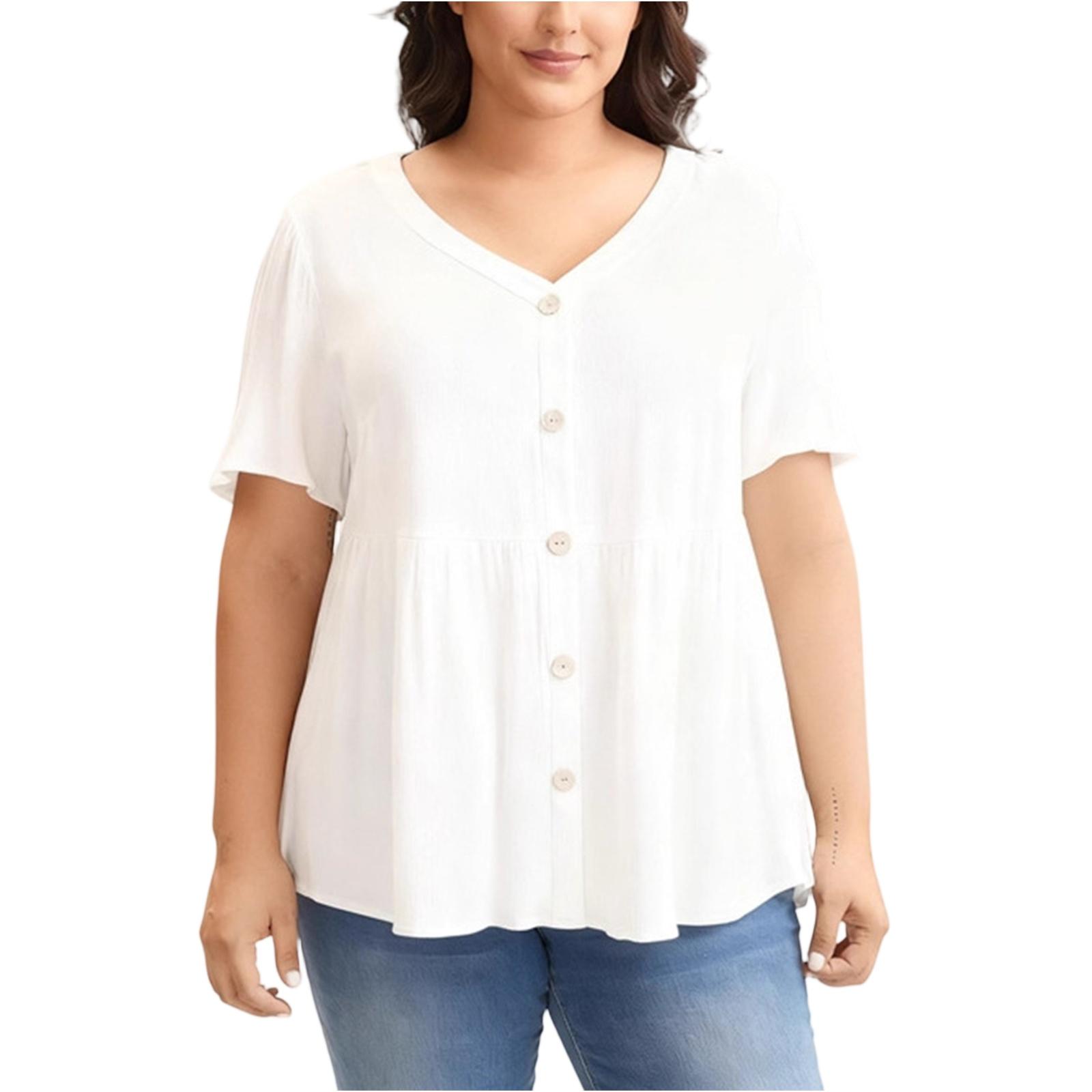 Women s Plus Size Minimalist Loose V,neck Single,breasted Short Sleeve Top XL