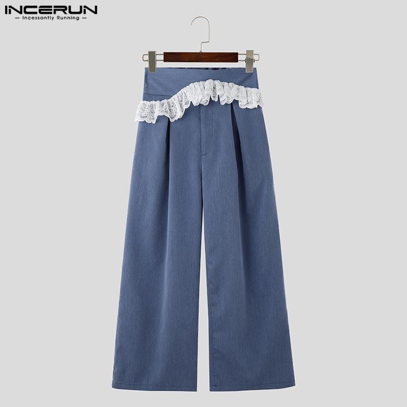 INCERUN Two Pieces Sets Men Sleeveless Lace Hem Thin Short Vest Patchwork Long Straight Pants Outfits